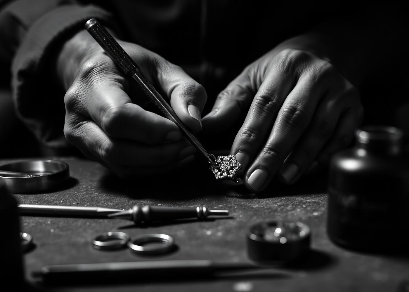 Silversmith setting a stone into a silver pendant